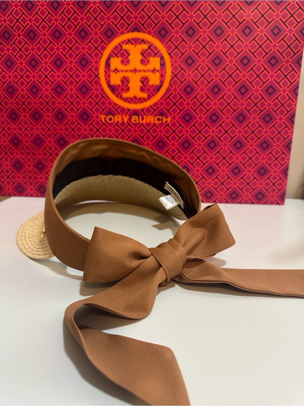 NEW✨NEW✨Tan-Brown Woven Straw Visor with Brown Tie Back- One Size 50+UPF